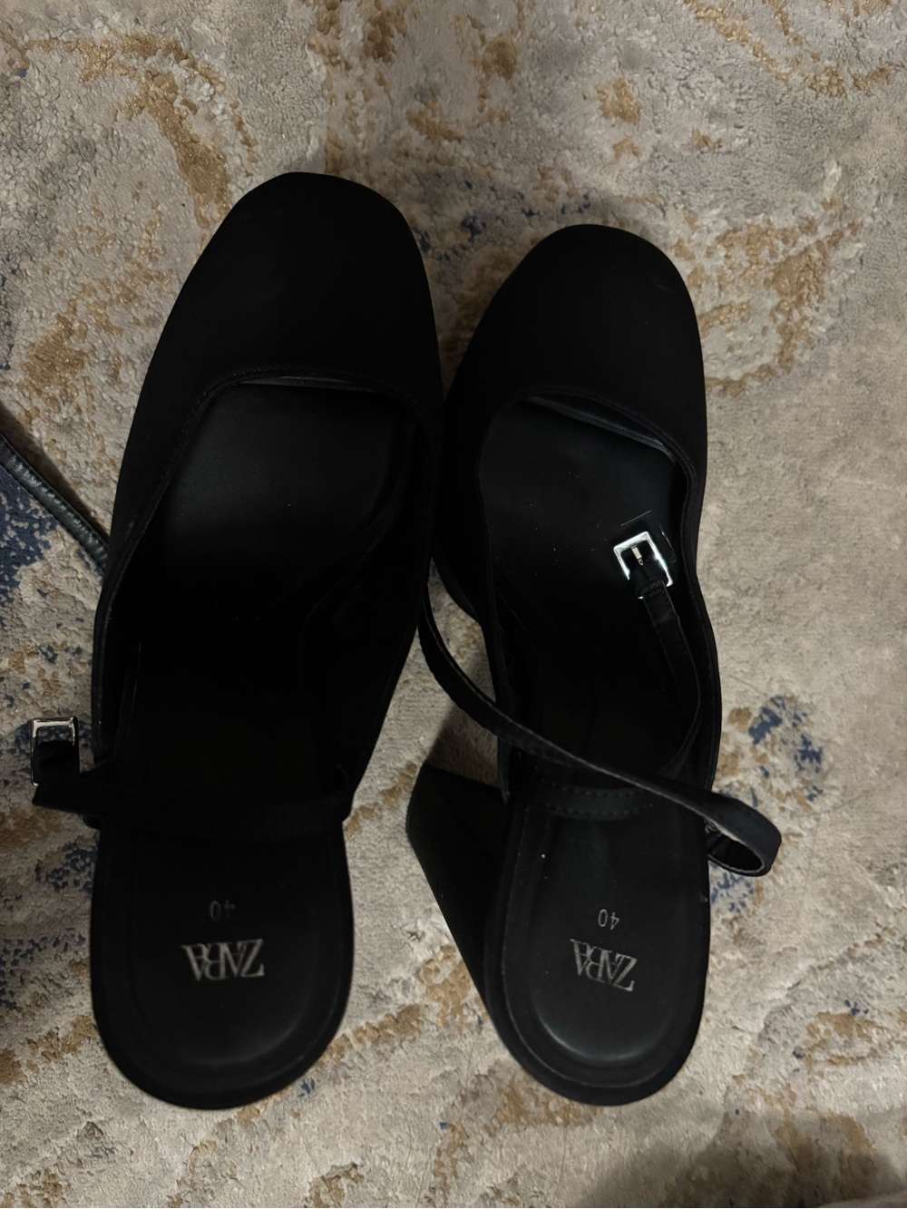 ZARA Black Square-Toe Ankle-Strap Block Heels